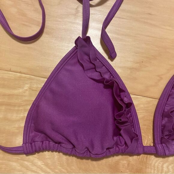 G21 Metallic Purple Ruffled String Bikini Swimsuit Size Medium - Picture 5 of 15